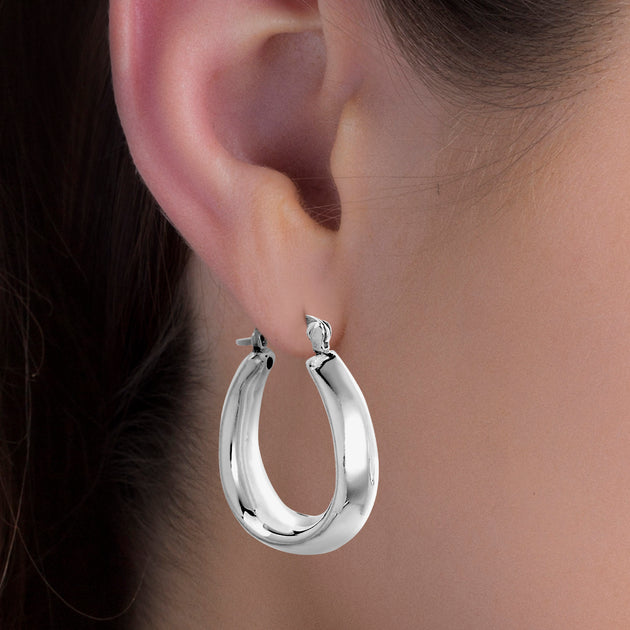 Rhodium Plated Sterling Silver High Polished Tapered Oval Hoop Earring ...