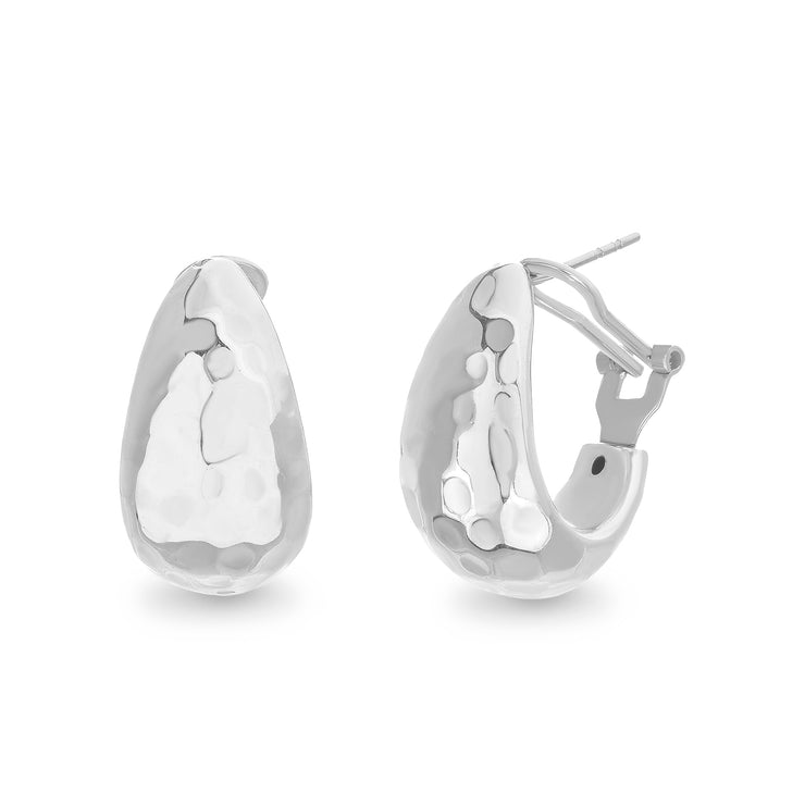 "J"- Shape Hammered Omega Earrings in Polished Sterling Silver