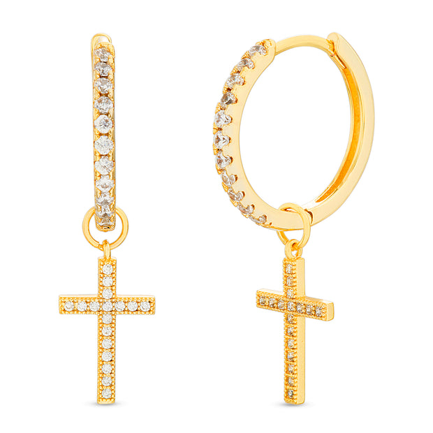 Cubic Zirconia Dangling Cross Huggie Hoop Earrings in Yellow Gold Plated Sterling Silver