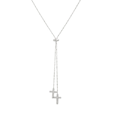 Cubic Zirconia Cross Slider Y Necklace in Rhodium Plated Sterling Silver